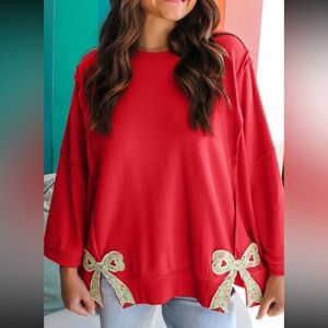 1100. Floral bow Applique oversized sweatshirt in red